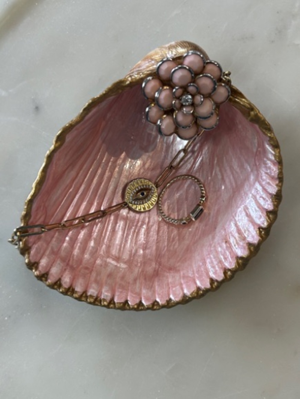 HANDCRAFTED Peachy Pink Real Shell Jewelry Dish with Floral Accent